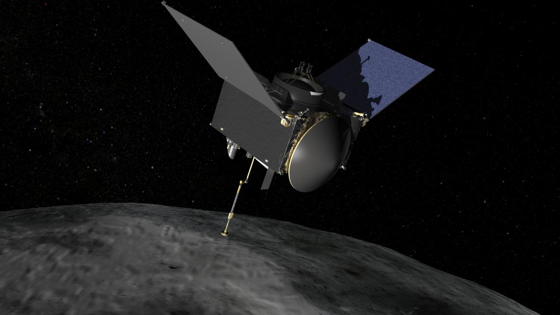 The OSIRIS-REx spacecraft features a sampling arm capable of scooping up dust and gravel from the asteroid's surface. 